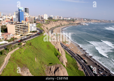 Aerial view of Miraflores and its coastal cliffs bordering the Pacific Ocean. Miraflores, Lima, Peru South America Stock Photo