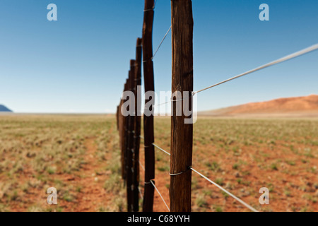 endless fence in desert landscape, secondary road D 707, Namibia, Africa Stock Photo
