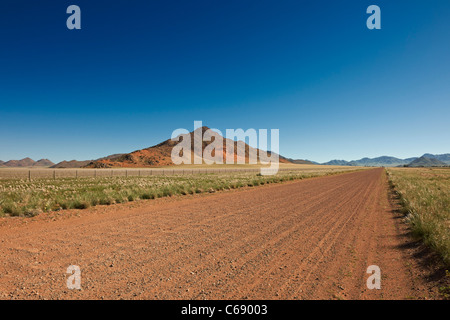 straight deserted gravel road in desert landscape, most beautiful secondary road of the world D707, Namibia, Africa Stock Photo