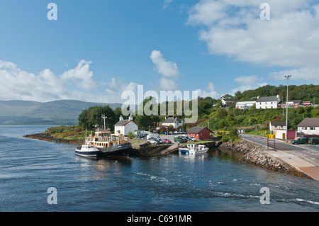 Boats beside the pier Lochaline Village with Loch Aline with Isle of Mull in background Scotland Stock Photo