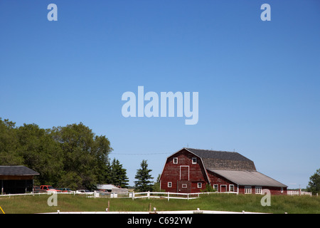 traditional old red wooden barn on a farm in Saskatchewan Canada Stock Photo