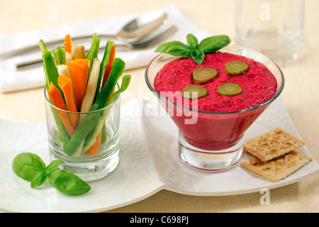 Beetroot sauce with crudités. Recipe available. Stock Photo