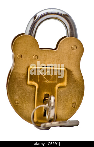 Gold padlock with keys cut out. View from the front. Close up (macro) Stock Photo