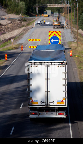 Roadworks at highway , traffic diverted to a temporary road , Finland