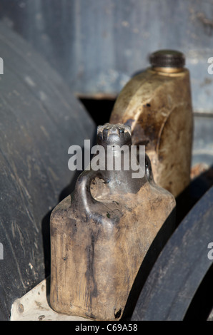 Closeup of old dirty oil canisters Stock Photo