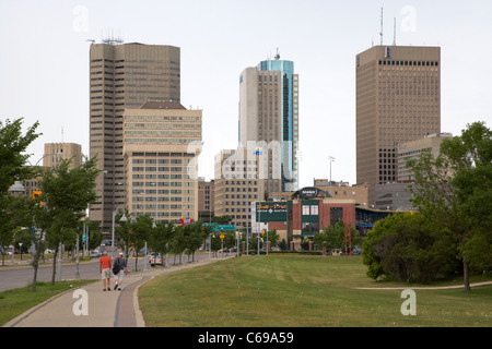view of the financial district skyline on a cloudy overcast day in Winnipeg Manitoba Canada Stock Photo