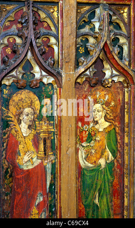 North Elmham rood screen, St Barbara, St. Cecilia norfolk, England UK English medieval screens painting paintings female saints Stock Photo