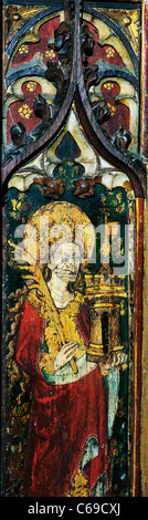 North Elmham rood screen, St. Barbara, holding a Castle tower, in which she was imprisoned by her father Norfolk, England UK Stock Photo