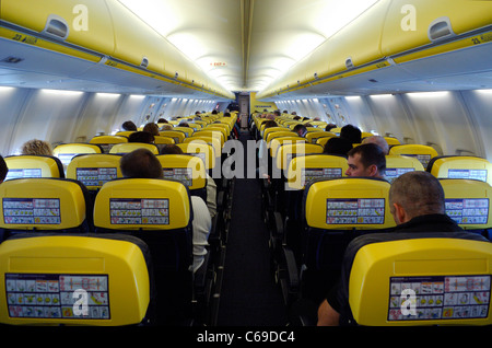 Boeing 737 interior view during flight, Ryanair Irish low cost airline Stock Photo