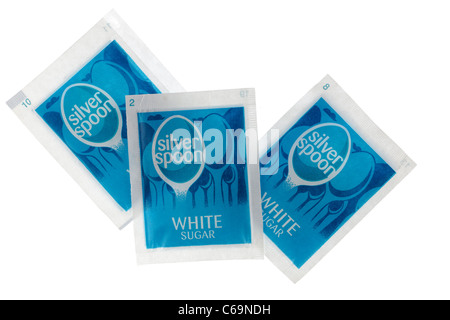 Three blue sachets of silver spoon white granulated sugar Stock Photo