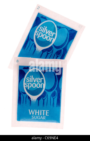 Two blue sachets of silver spoon white granulated sugar Stock Photo