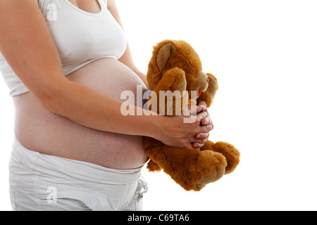 pregnant belly with Teddy bear over white background Stock Photo