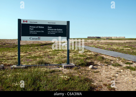 The sign and entrance to the Prince of Wales Fort, and old Hudson's Bay Company bastion outpost, near the town of Churchill, Manitoba, Canada. Stock Photo