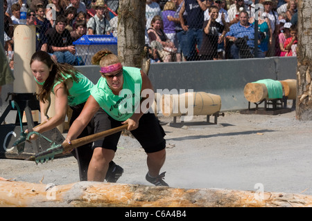 Lumberjill logrolling contest, Woodsmen's Field Days, Boonville, Adirondacks, New York State Stock Photo