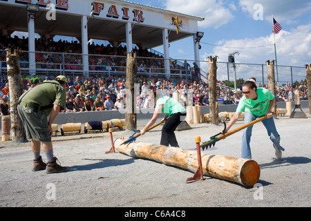 Lumberjill logrolling contest, Woodsmen's Field Days, Boonville, Adirondacks, New York State Stock Photo