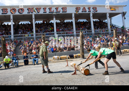 Lumberjill logrolling contest, Woodsmen's Field Days, Boonville, Adirondacks, New York State Stock Photo