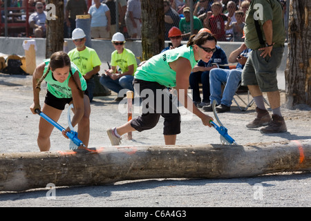 Lumberjill logrolling contest, Woodsmen's Field Days, Boonville, Adirondacks, New York State Stock Photo