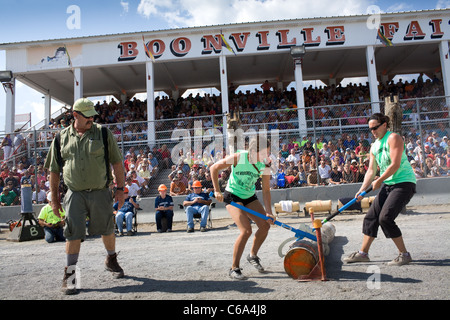 Lumberjill logrolling contest, Woodsmen's Field Days, Boonville, Adirondacks, New York State Stock Photo