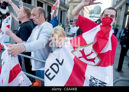 As Palestinians demonstrate in central London members of the EDL, English Defence League gather. Stock Photo