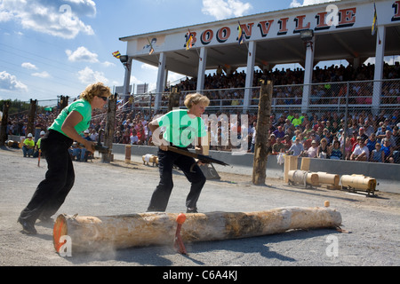 Lumberjill logrolling contest, Woodsmen's Field Days, Boonville, Adirondacks, New York State Stock Photo