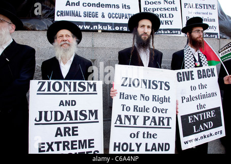 Orthodox Jewish anti Israeli / Zionism demonstration in London. Jews protesting against occupation and a closed Palestine. Stock Photo