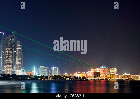 Emirates Palace, illuminated with a laser show, Abu Dhabi Stock Photo