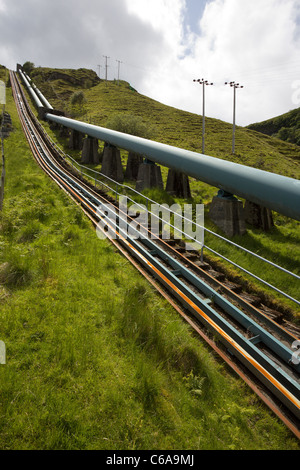 Water pipeline and railway at Storr Lochs Hydro-electric Power Station, Bearreraig Bay, Isle of Skye, Scotland, UK Stock Photo