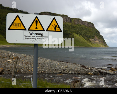 Hydro-electric power station warning sign, Bearreraig Bay near Portree, Isle of Skye, Scotland, UK Stock Photo