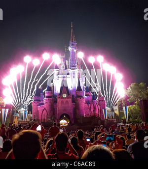 Fireworks explode over Cinderella's Castle in Magic Kingdom, Disney World, FL, while light show plays across castle's walls Stock Photo