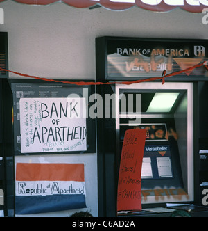 Anti South Africa Apartheid signs on a Bank of America versateller machine at San Francisco State University in California. USA Stock Photo