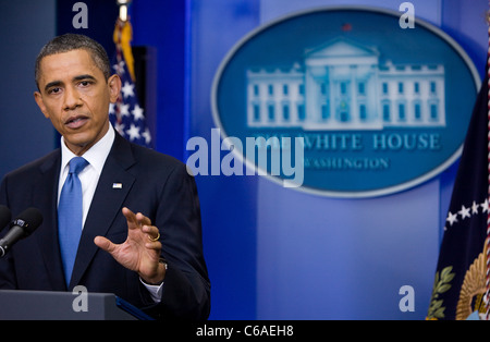 President Barack Obama speaks to the Press in the White House Press Briefing Room.  Stock Photo