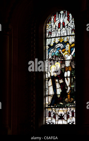 Christ / Crucifixion Stained glass window, St. Mary's church, Batsford, Cotswolds, England Stock Photo