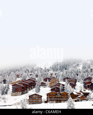 fresh snow covered trees and wooden cabin in wilderness Stock Photo - Alamy