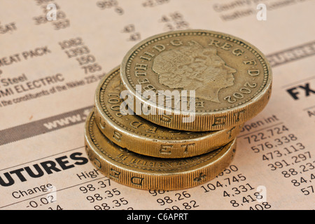 Close up of three pound coins in a stack on a page from the Financial Times Stock Photo