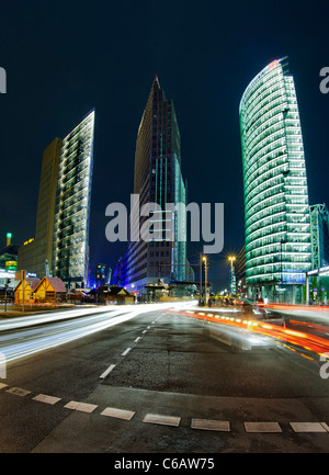 high-rise buildings on Potsdamer Platz square at night, Berlin, Germany Stock Photo