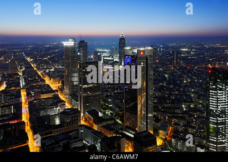 Panorama at dusk, facing west, looking over the financial district, distant view, Main Tower, Frankfurt am Main, Hesse, Germany Stock Photo
