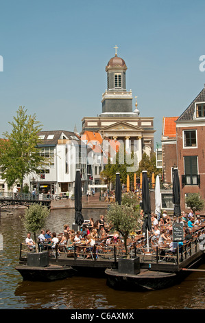 Hartebrugkerk Leiden Rhine Netherlands boat bar pub pavement Oude Rijn Old Rhine Stock Photo