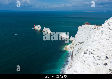 The Needles three distinctive stacks of chalk in the Isle of wight and lighthouse Stock Photo