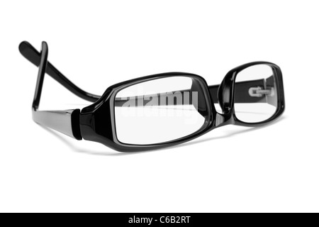 Fashionable black plastic frame spectacles on white background Stock Photo