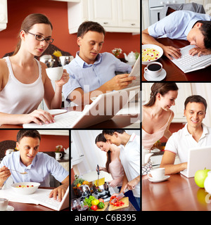 Collage of happy couple cooking and having meal in the kitchen Stock Photo