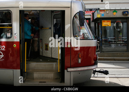 A stopping tram in Prague, Czech Republic Stock Photo