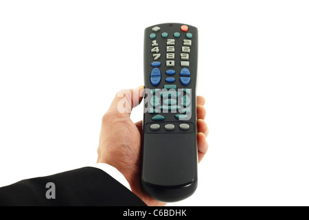 Business man's hand holding a remote control device isolated on white Stock Photo
