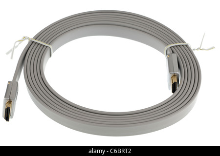 Two metre grey coiled flat hdmi to hdmi digital cable Stock Photo