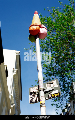 Someone's practical joke with a traffic signpost in Sankt Pauli district of Hamburg. Stock Photo