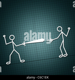 Simple illustration of two humanoid figures in a sword fight, inequality concept. Stock Photo