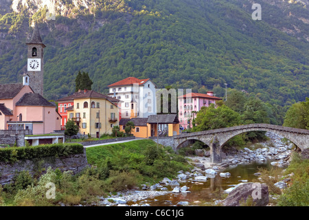 Bignasco is a typical village in the Valle Maggia, Ticino, with a famous stone bridge Stock Photo