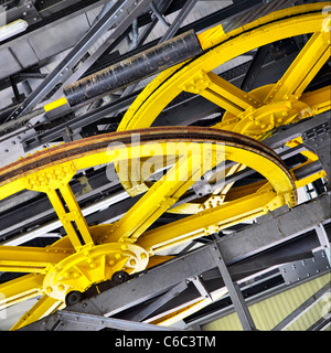 Part of mechanism with large yellow wheels Stock Photo