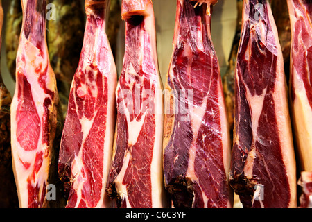 Spanish ham - legs of jamon iberico close-up Stock Photo