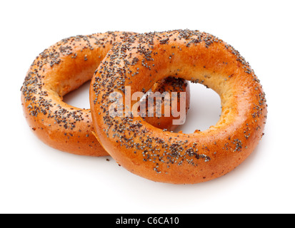 two bagels with poppy seeds isolated on white background Stock Photo