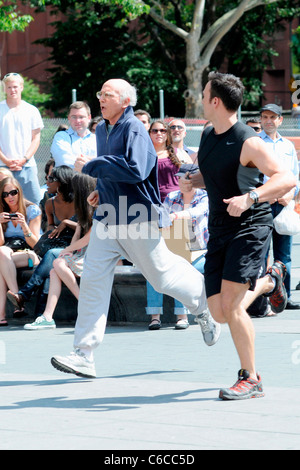 Larry David and Cheyenne Jackson filming a scene for HBO's 'Curb Your Enthusiasm' on location in Manhattan New York City, USA - Stock Photo